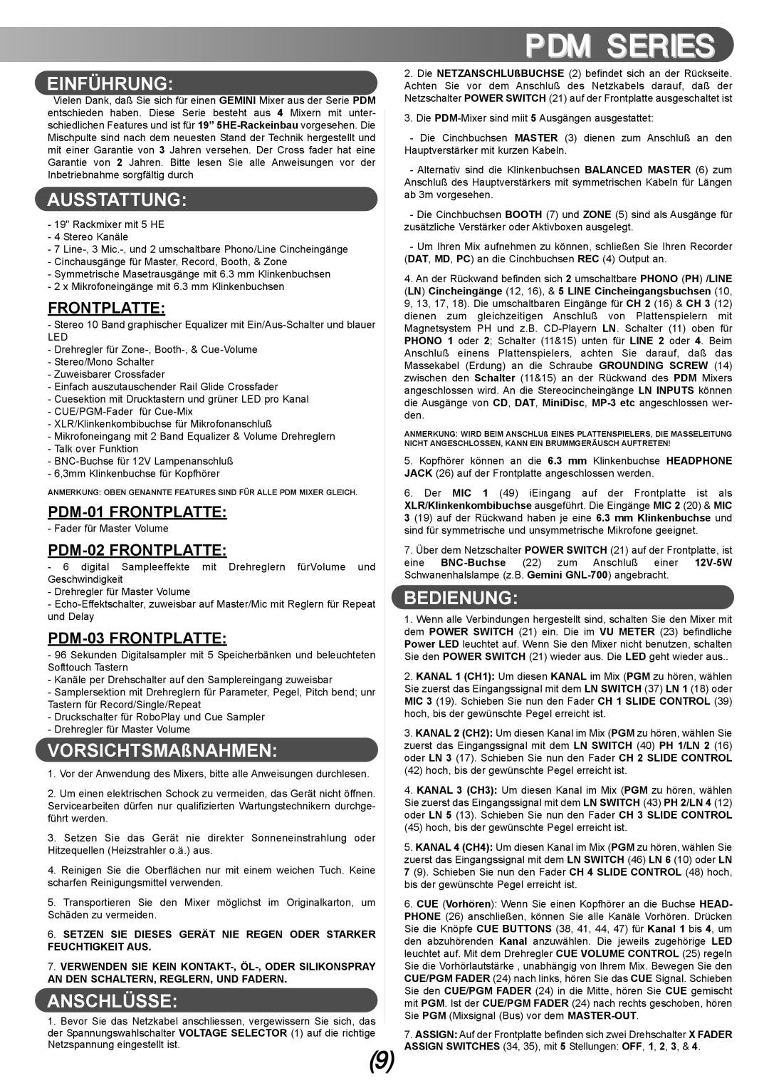 Gemini PDM-01, PDM-02, PDM-03 manual Einführung, Ausstattung, Anschlüsse, Bedienung 