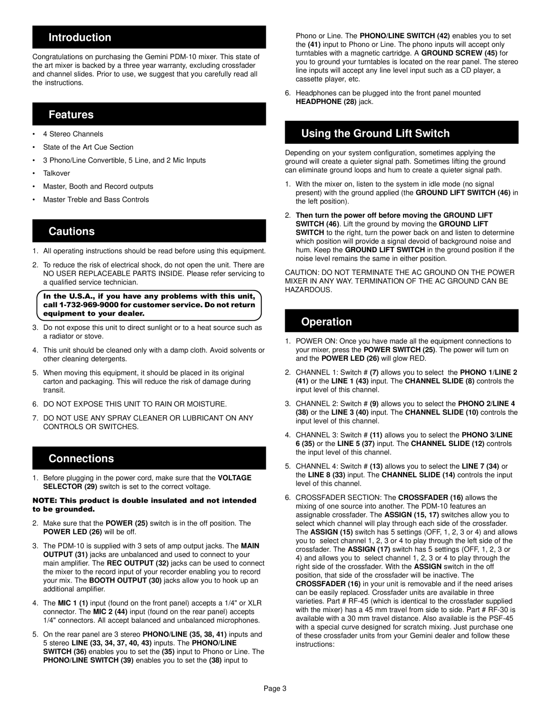 Gemini PDM-10 manual Introduction, Features, Connections, Using the Ground Lift Switch, Operation 