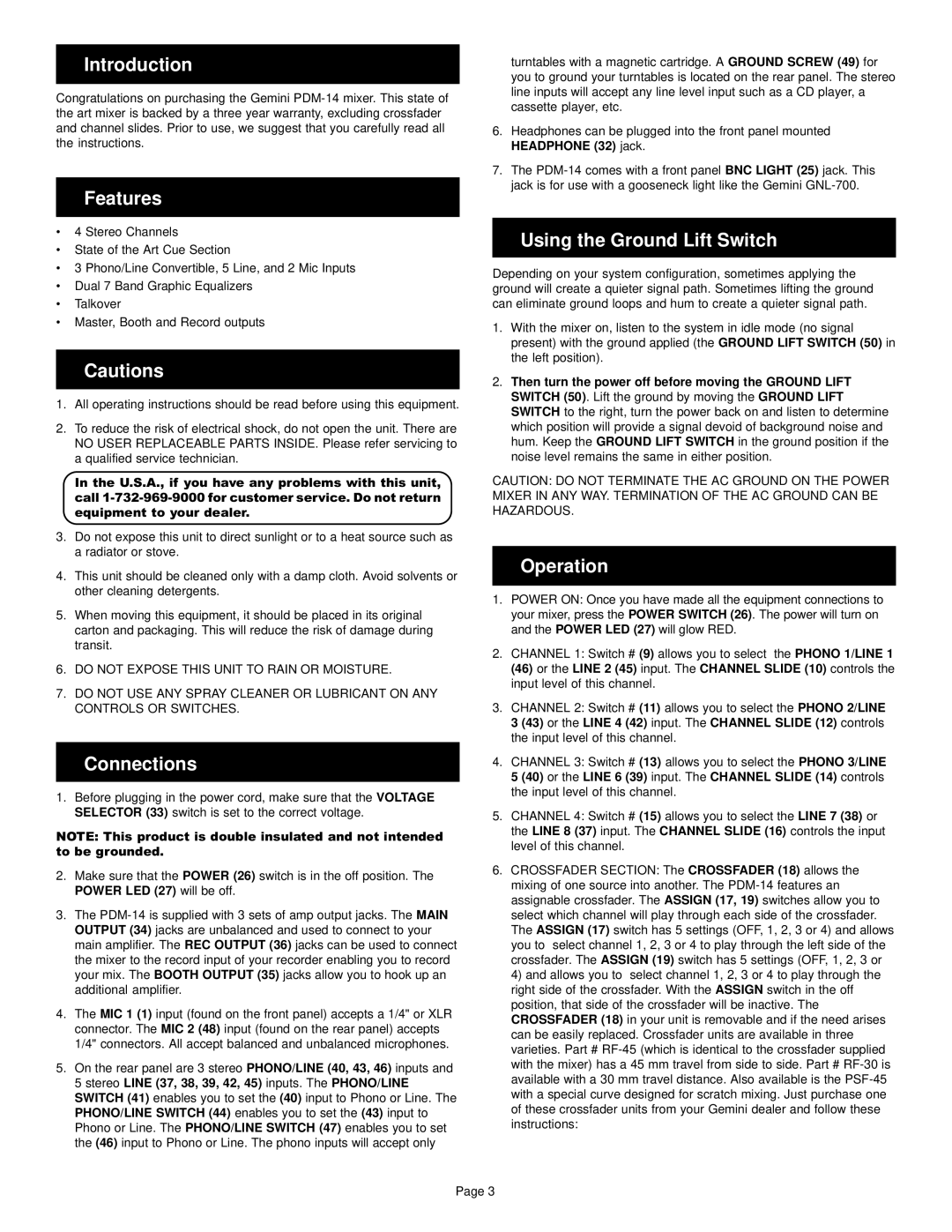 Gemini PDM-14 manual Introduction, Features, Connections, Using the Ground Lift Switch, Operation 