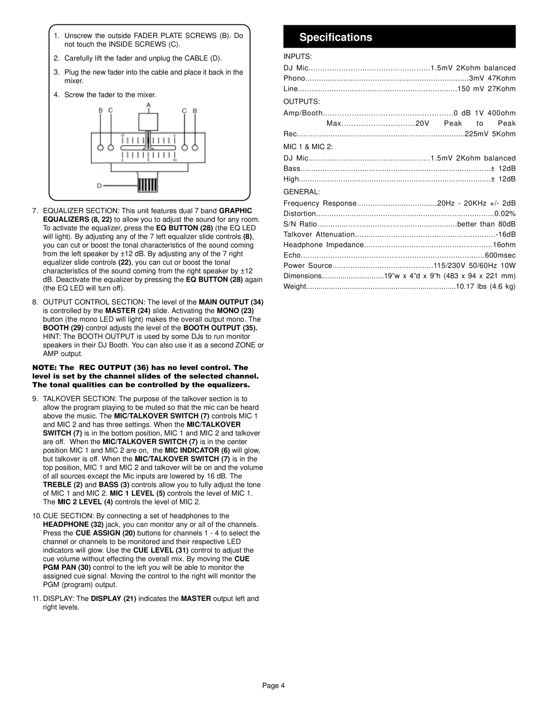 Gemini PDM-14 manual Specifications, Outputs 