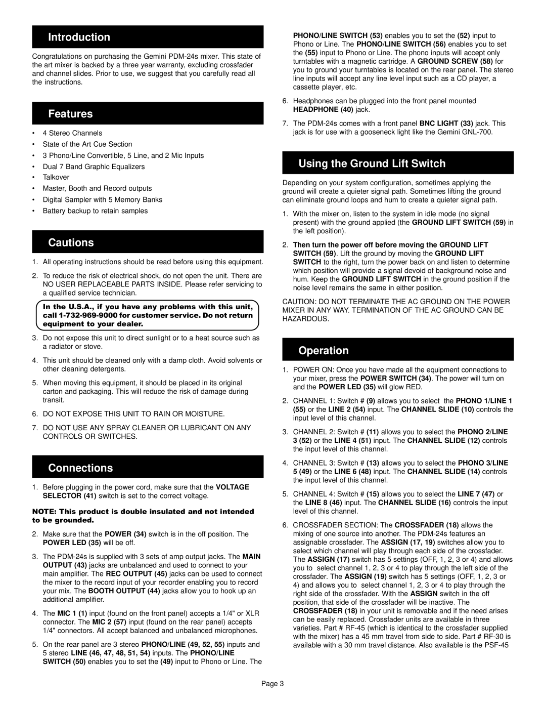 Gemini PDM-24s manual Introduction, Features, Connections, Using the Ground Lift Switch, Operation 