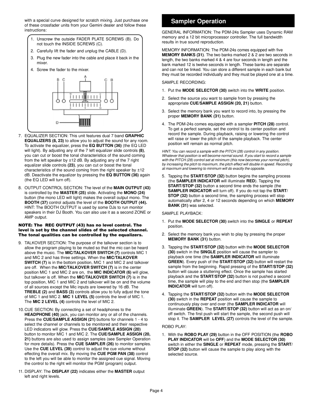 Gemini PDM-24s manual Sampler Operation, Sample Recording, Sample Playback, Robo Play 