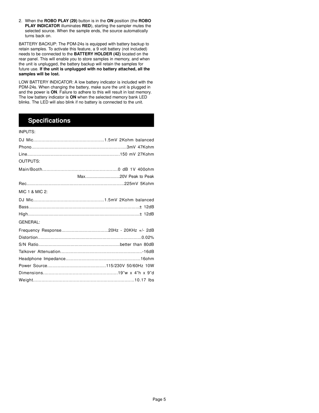 Gemini PDM-24s manual Specifications, Inputs, Outputs, General 