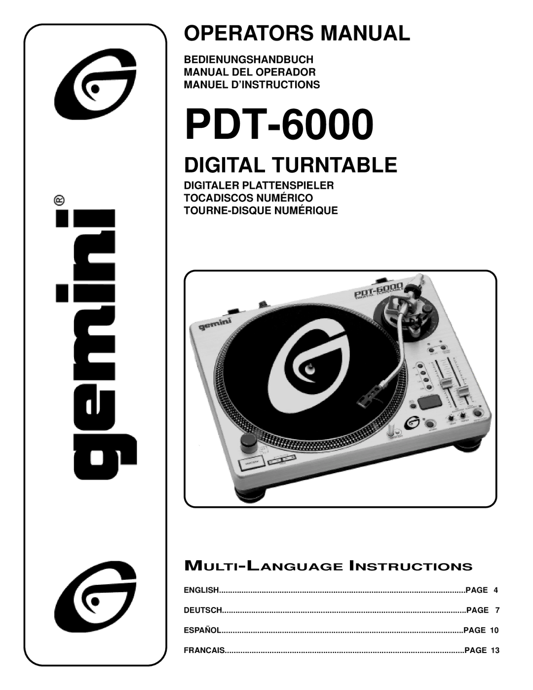 Gemini PDT-6000 manual Bedienungshandbuch Manual DEL Operador Manuel D’INSTRUCTIONS, English Deutsch Español Francais 