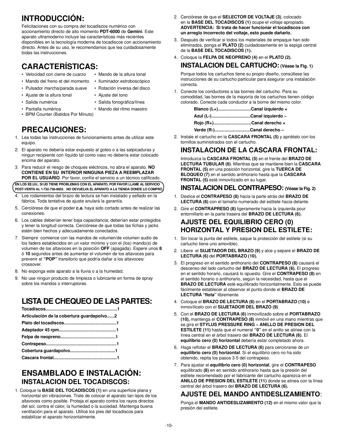 Gemini PDT-6000 manual Introducción, Características, Precauciones, Ensamblado E Instalación 