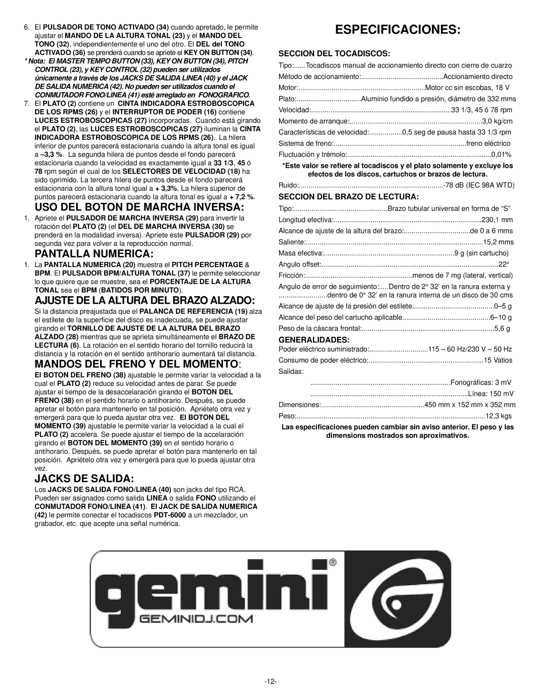 Gemini PDT-6000 manual Especificaciones 