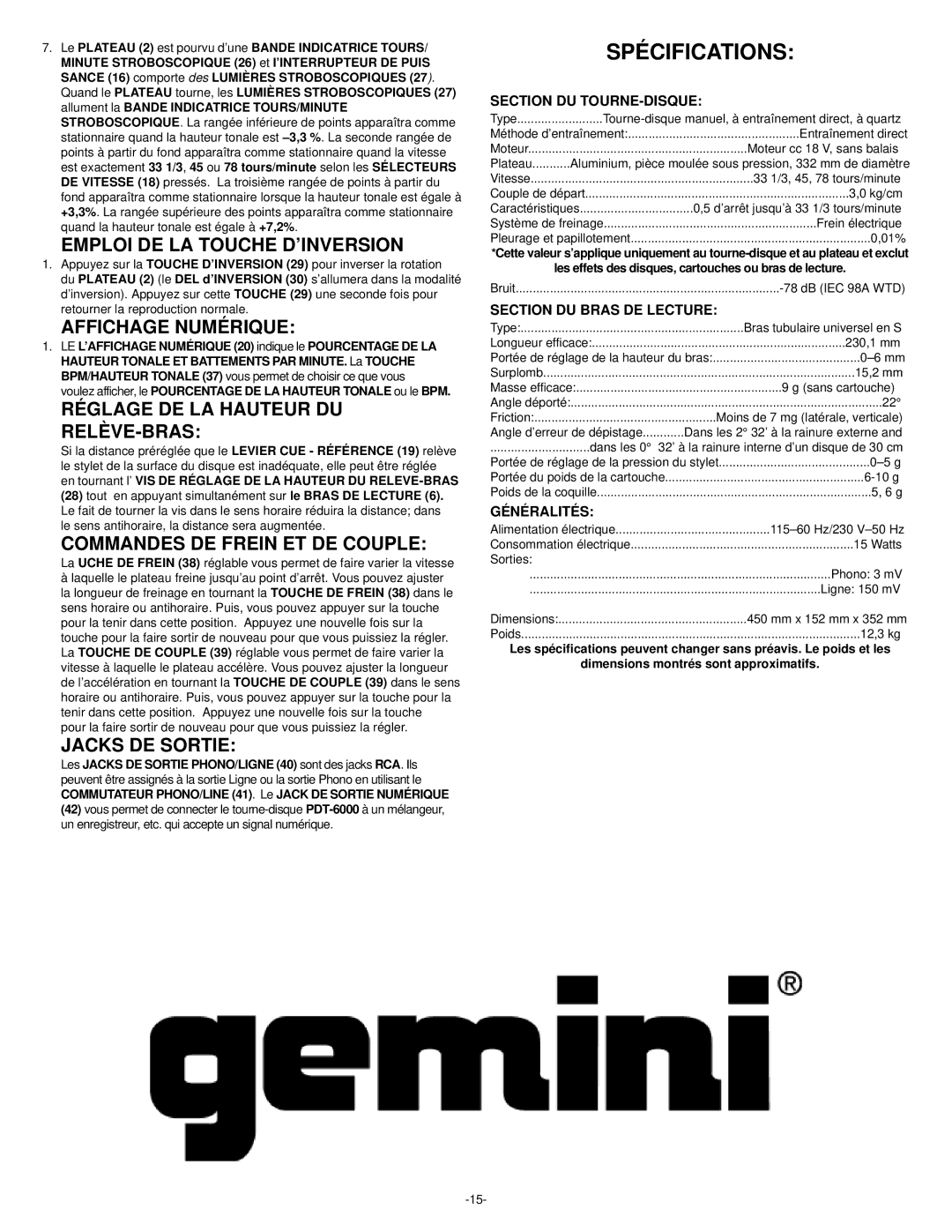 Gemini PDT-6000 manual Spécifications 