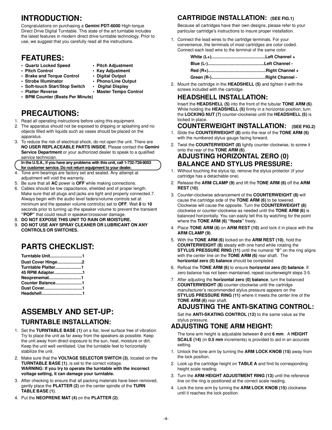 Gemini PDT-6000 manual Introduction, Features, Precautions, Parts Checklist, Assembly and SET-UP 