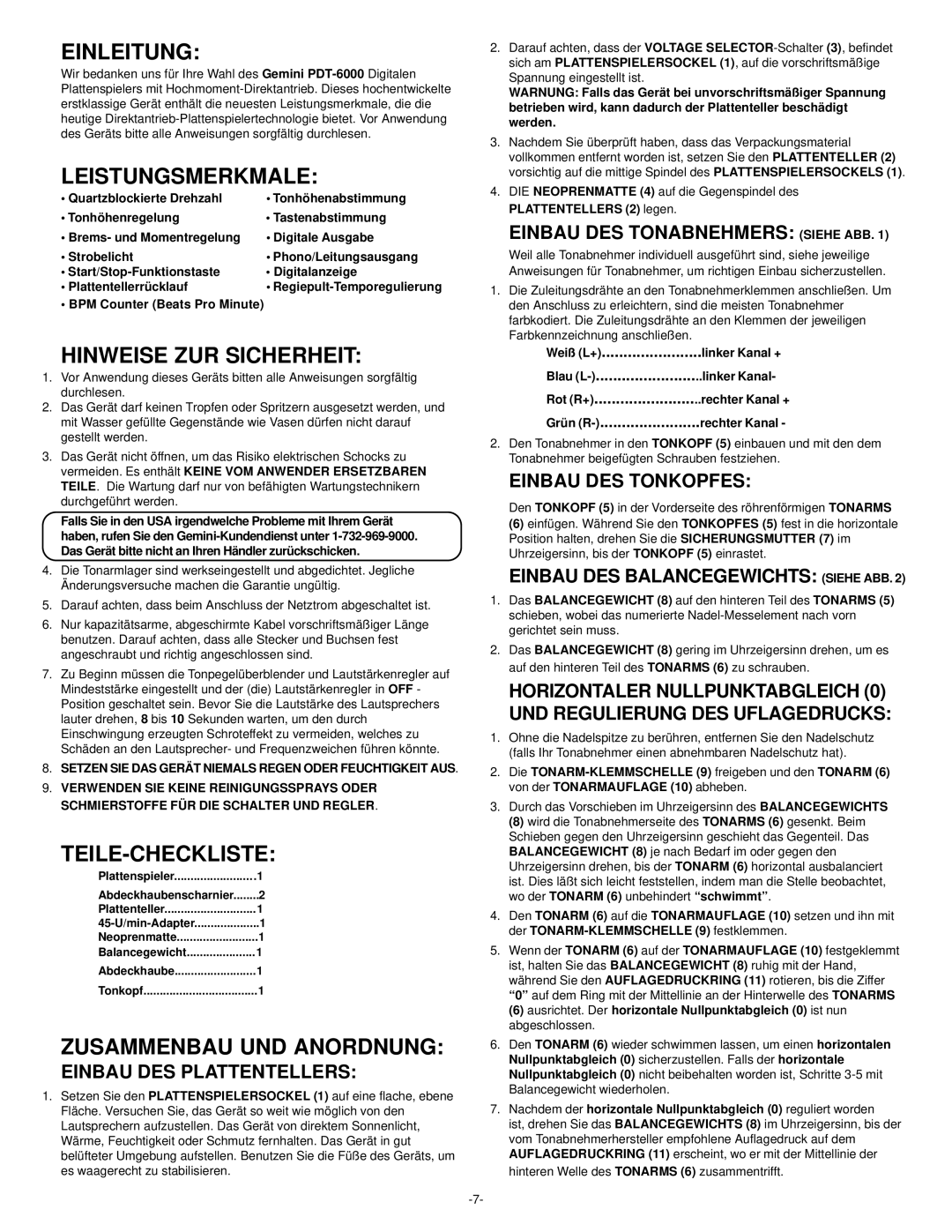 Gemini PDT-6000 manual Einleitung, Leistungsmerkmale, Hinweise ZUR Sicherheit, Teile-Checkliste, Zusammenbau UND Anordnung 