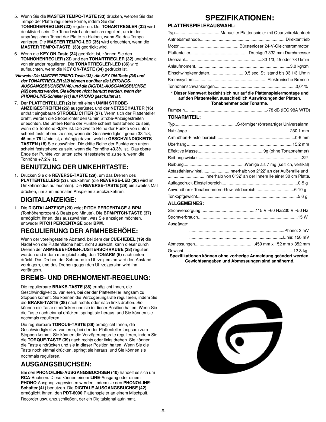 Gemini PDT-6000 manual Spezifikationen 