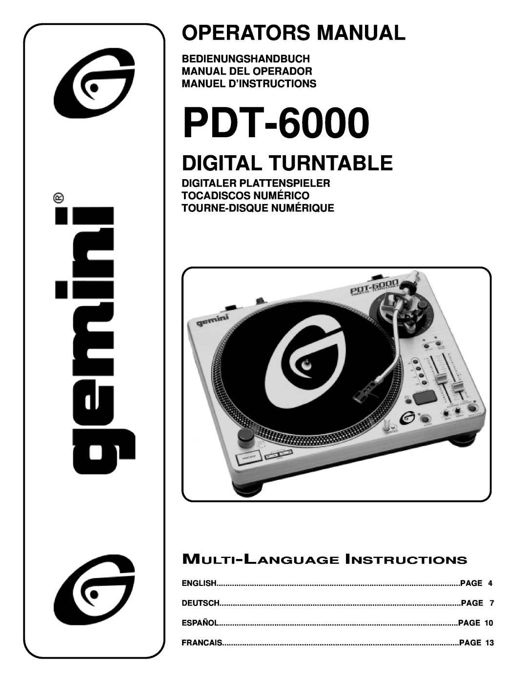 Gemini PDT-6000 manual Bedienungshandbuch Manual Del Operador, Manuel D’Instructions, Tourne-Disquenumérique, English 