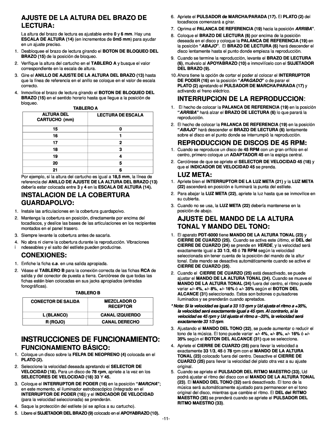 Gemini PDT-6000 manual Instrucciones De Funcionamiento, Ajuste De La Altura Del Brazo De Lectura, Conexiones, Luz Meta 
