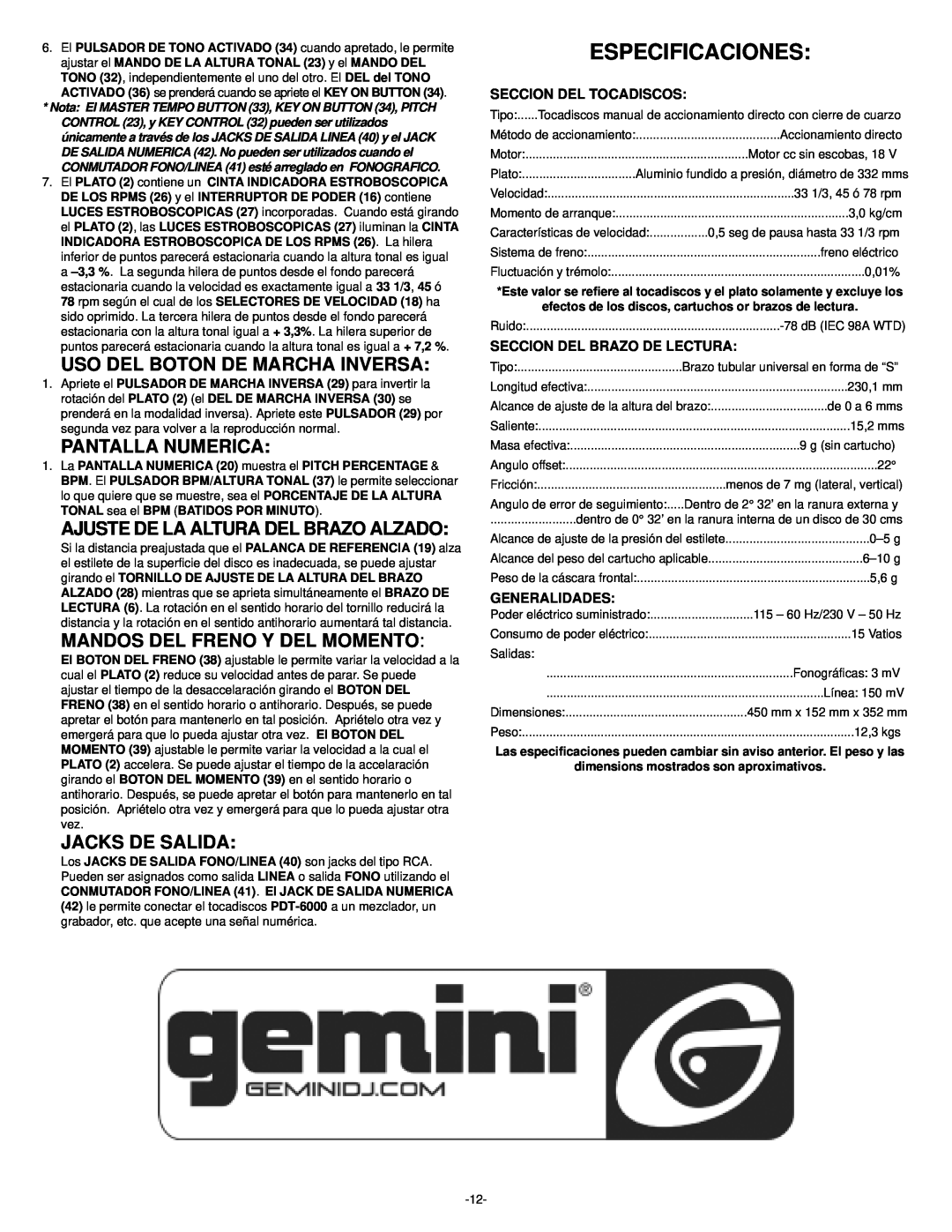 Gemini PDT-6000 Especificaciones, Uso Del Boton De Marcha Inversa, Pantalla Numerica, Ajuste De La Altura Del Brazo Alzado 