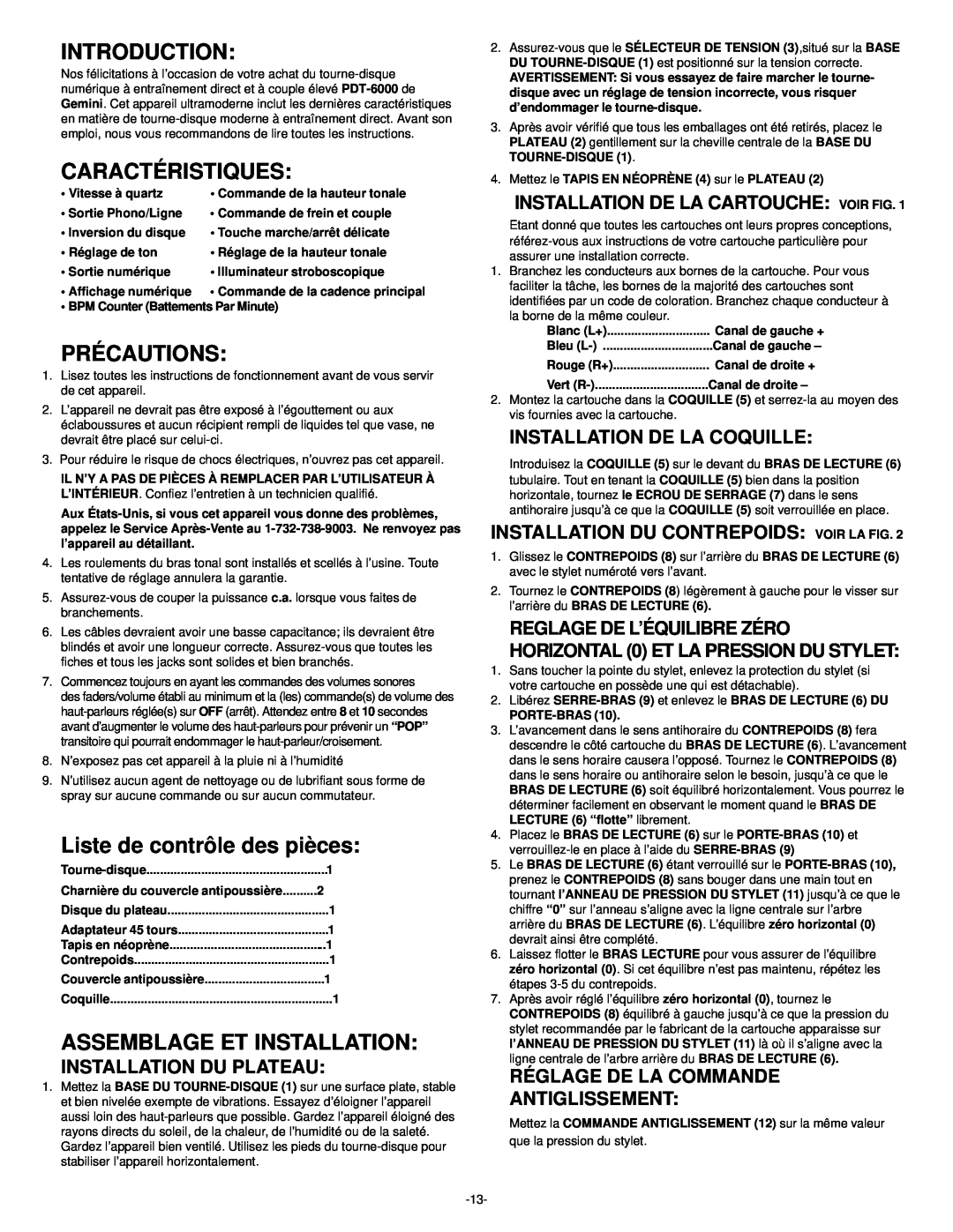Gemini PDT-6000 Caractéristiques, Précautions, Liste de contrôle des pièces, Assemblage Et Installation, Introduction 