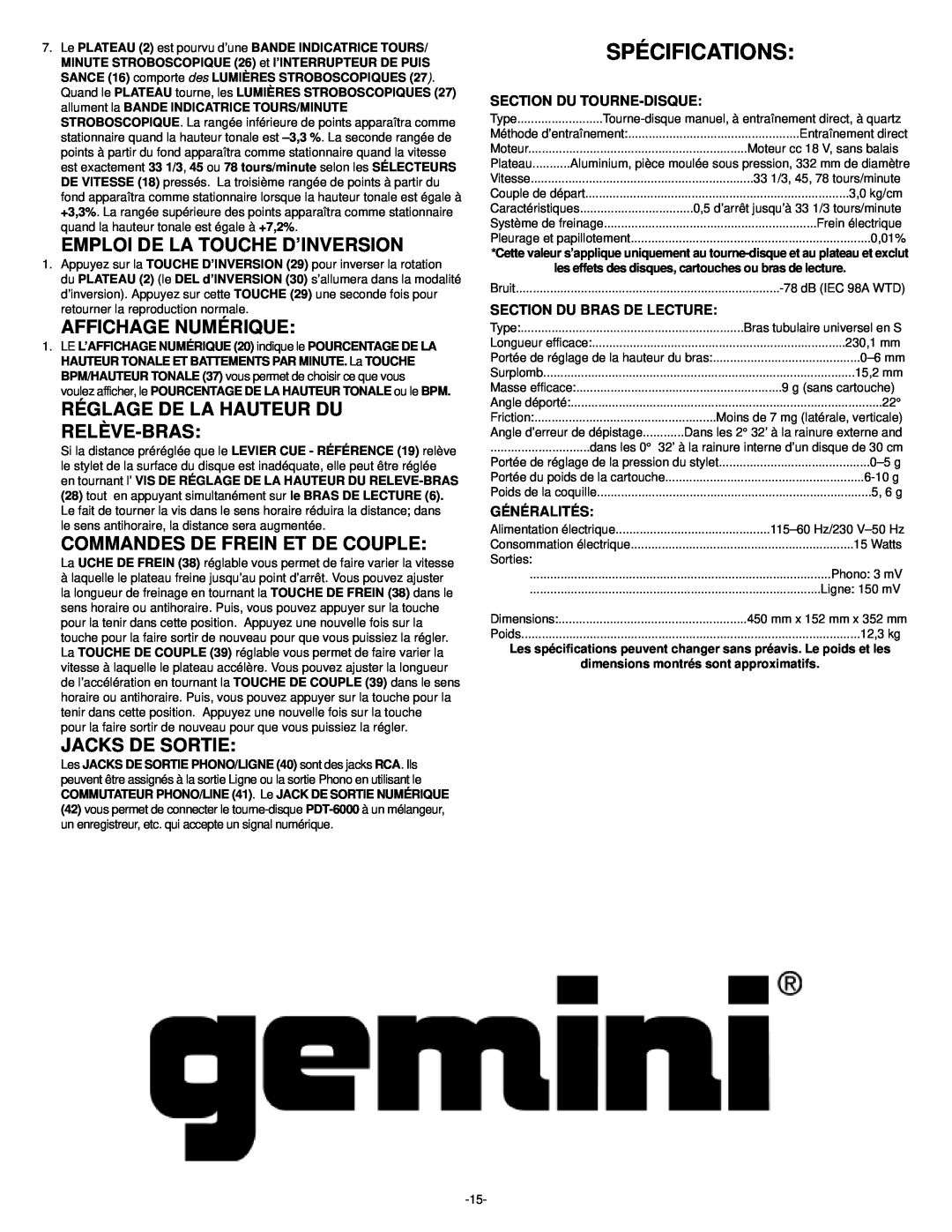 Gemini PDT-6000 Spécifications, Emploi De La Touche D’Inversion, Affichage Numérique, Réglage De La Hauteur Du Relève-Bras 