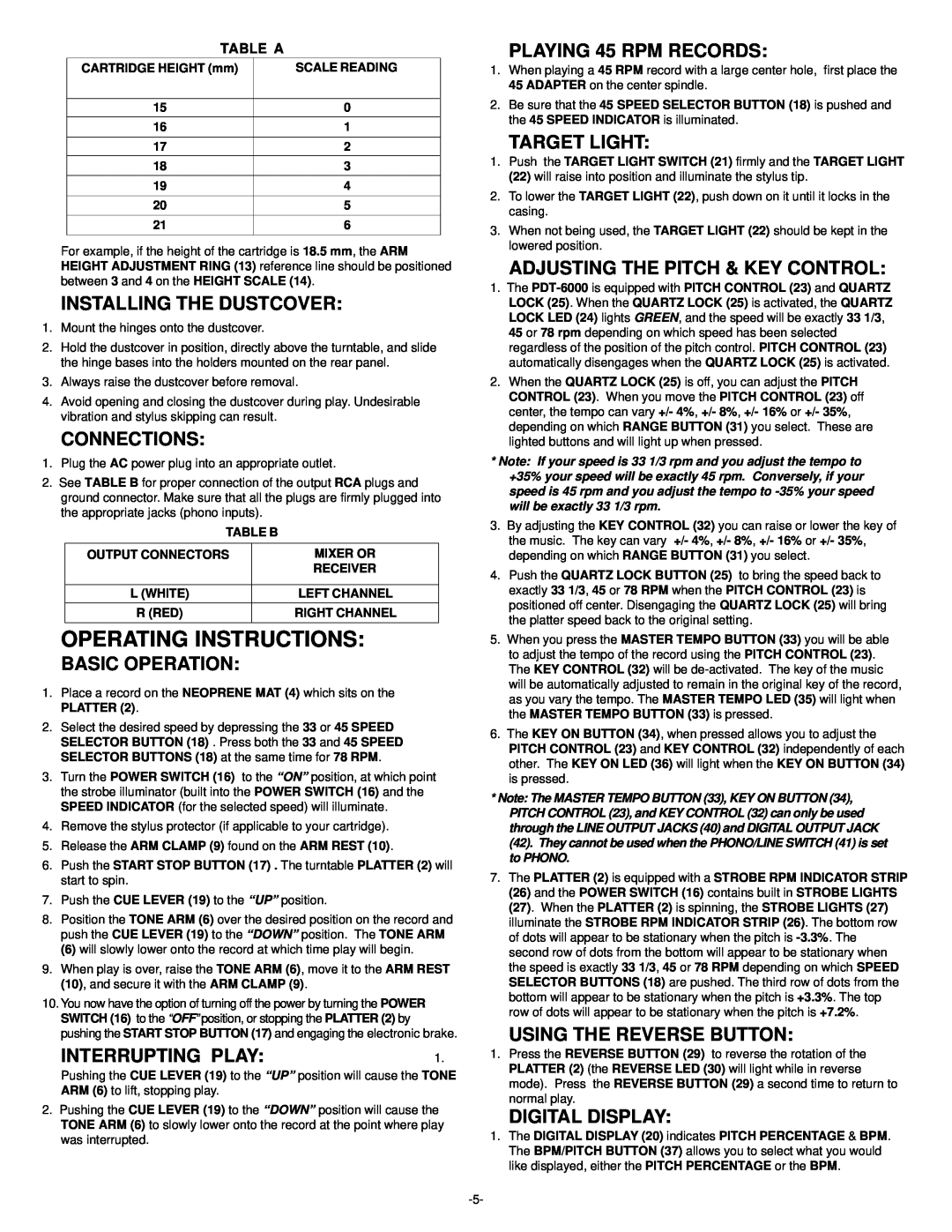 Gemini PDT-6000 Operating Instructions, Installing The Dustcover, Connections, Basic Operation, Interrupting Play, Table A 