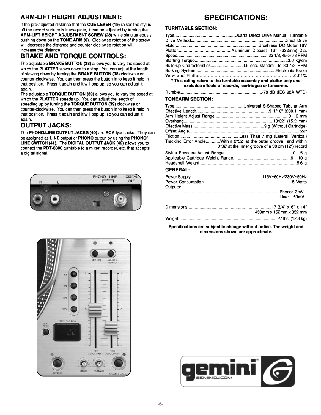 Gemini PDT-6000 Specifications, Arm-Liftheight Adjustment, Brake And Torque Controls, Output Jacks, Turntable Section 