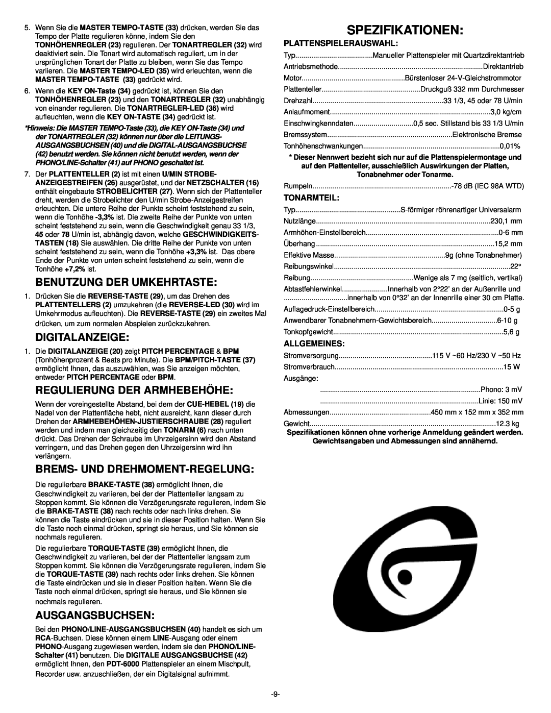Gemini PDT-6000 Spezifikationen, Benutzung Der Umkehrtaste, Digitalanzeige, Regulierung Der Armhebehöhe, Ausgangsbuchsen 