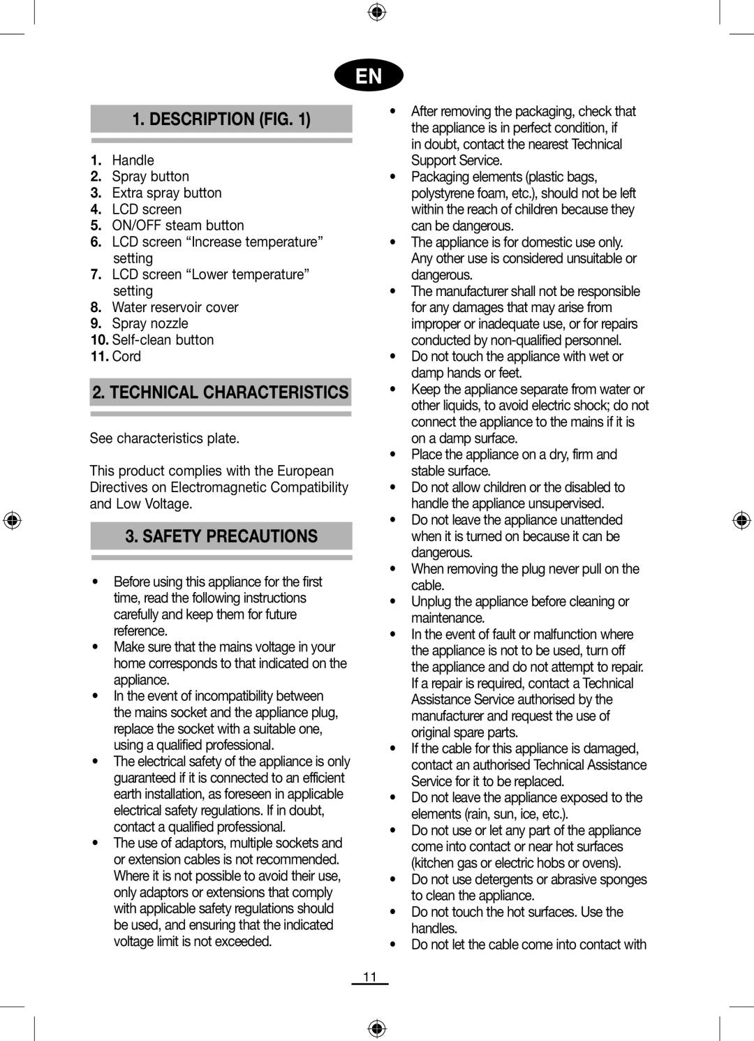 Gemini PL-2410 E, PL-2450 E manuel dutilisation Description FIG, Safety Precautions, Technical Characteristics 