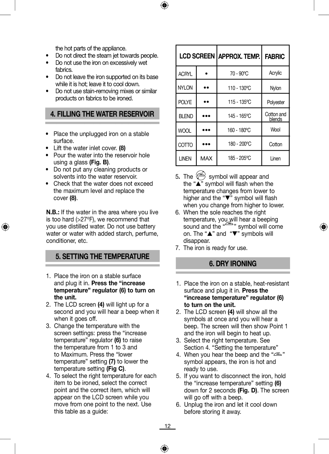 Gemini PL-2450 E, PL-2410 E manuel dutilisation DRY Ironing, Setting the Temperature, Fabric 