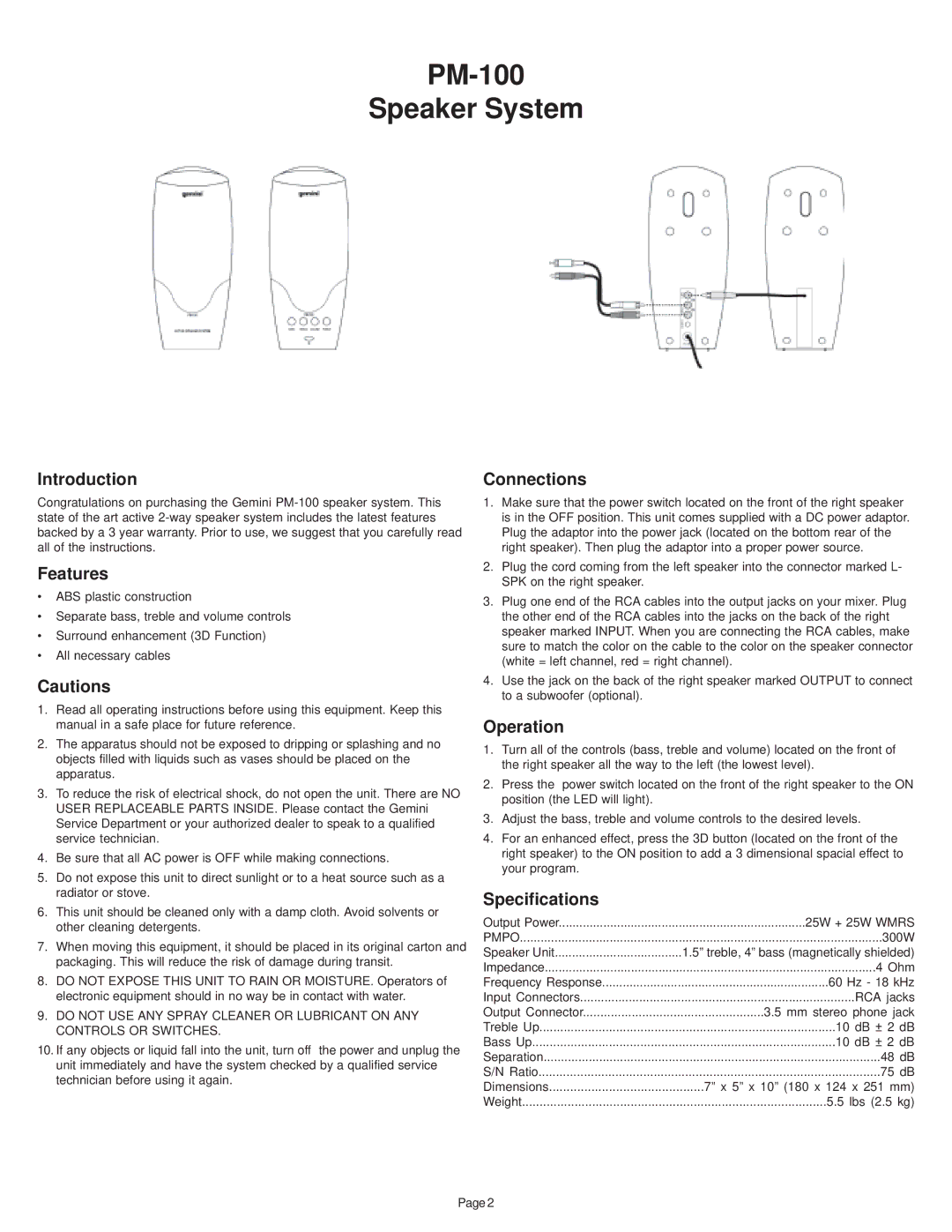 Gemini manual PM-100 Speaker System 