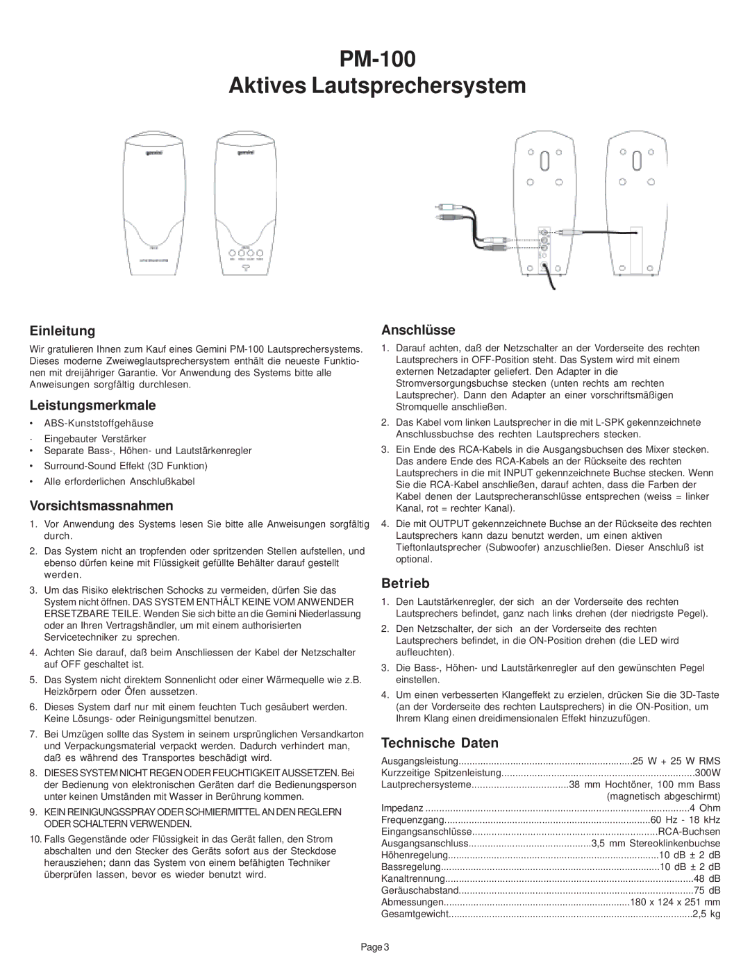 Gemini manual PM-100 Aktives Lautsprechersystem 