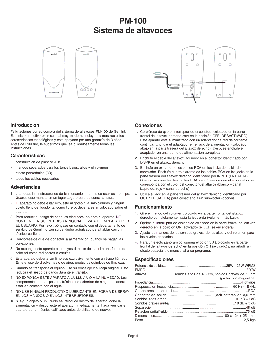 Gemini manual PM-100 Sistema de altavoces 