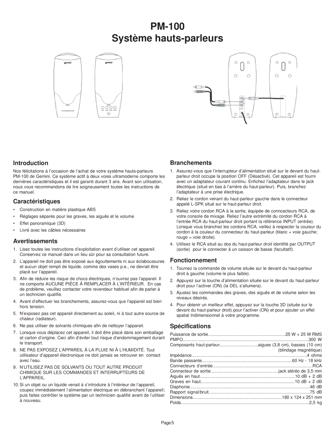 Gemini manual PM-100 Système hauts-parleurs 