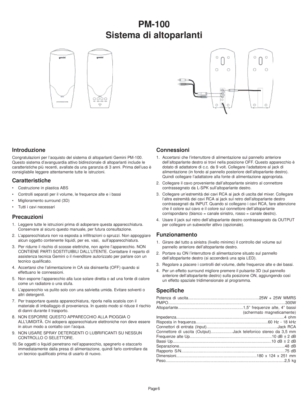 Gemini manual PM-100 Sistema di altoparlanti 