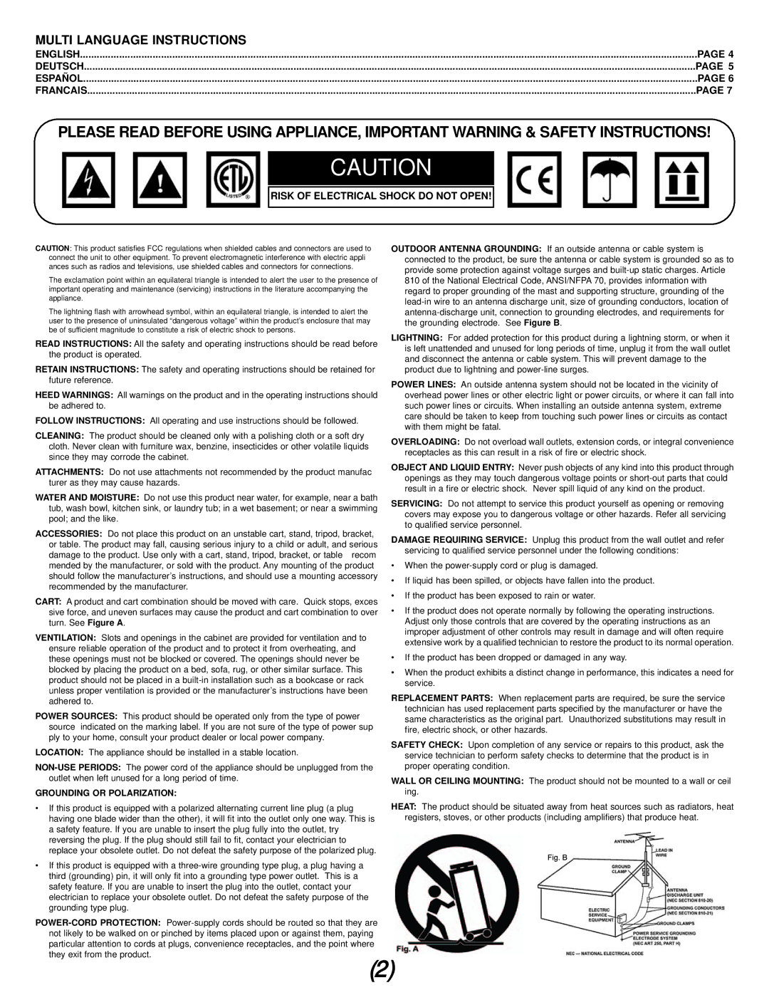 Gemini PMX-02 manual Multi Language Instructions, Risk of Electrical Shock do not Open 