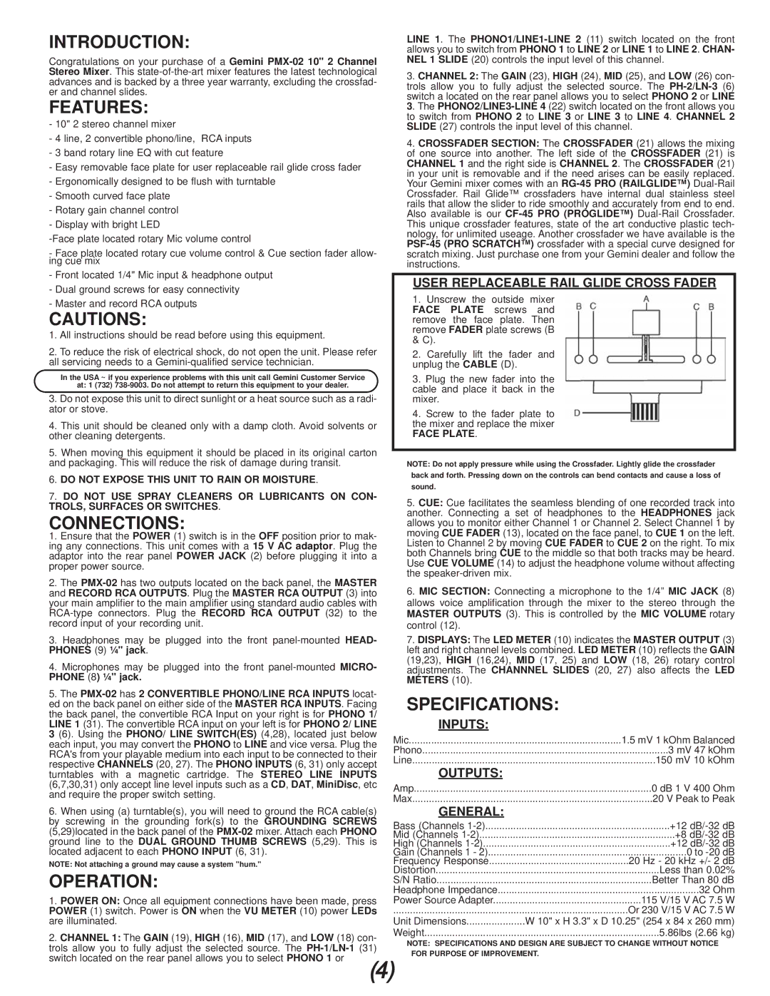 Gemini PMX-02 manual Introduction, Features, Connections, Specifications, Operation 