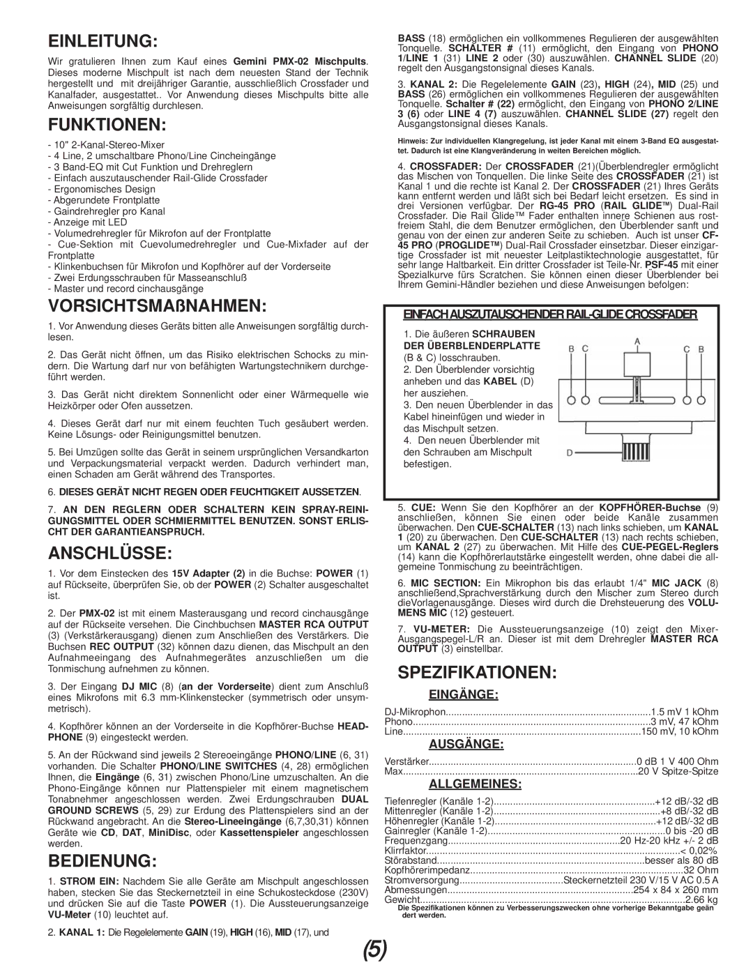 Gemini PMX-02 manual Einleitung, Funktionen, Anschlüsse, Bedienung, Spezifikationen 