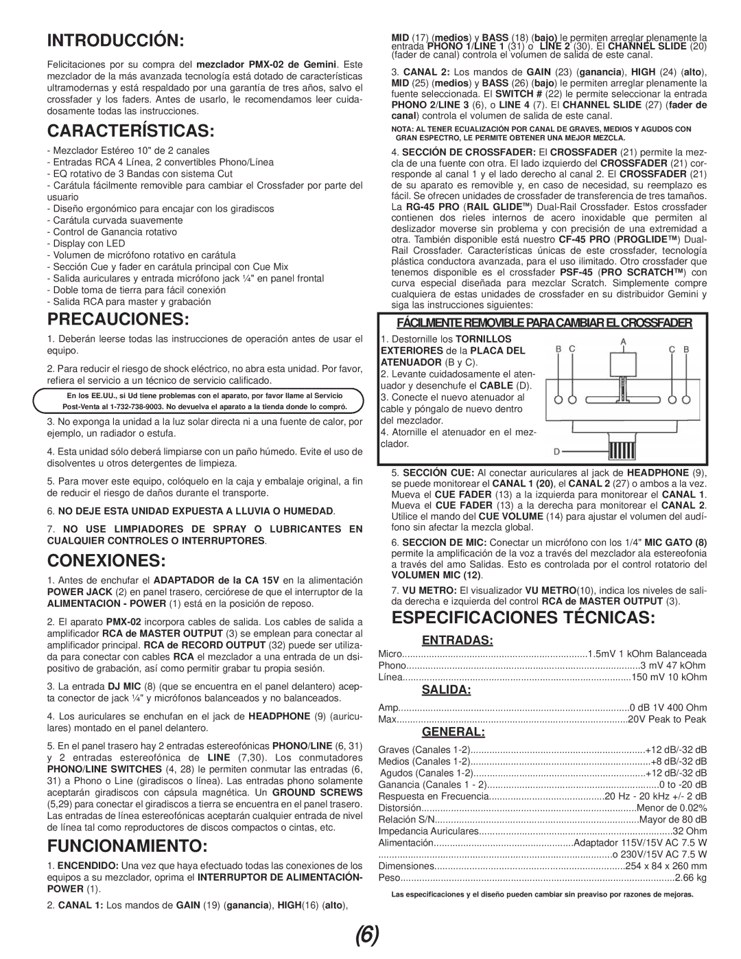 Gemini PMX-02 manual Introducción, Características, Precauciones, Conexiones, Funcionamiento, Especificaciones Técnicas 