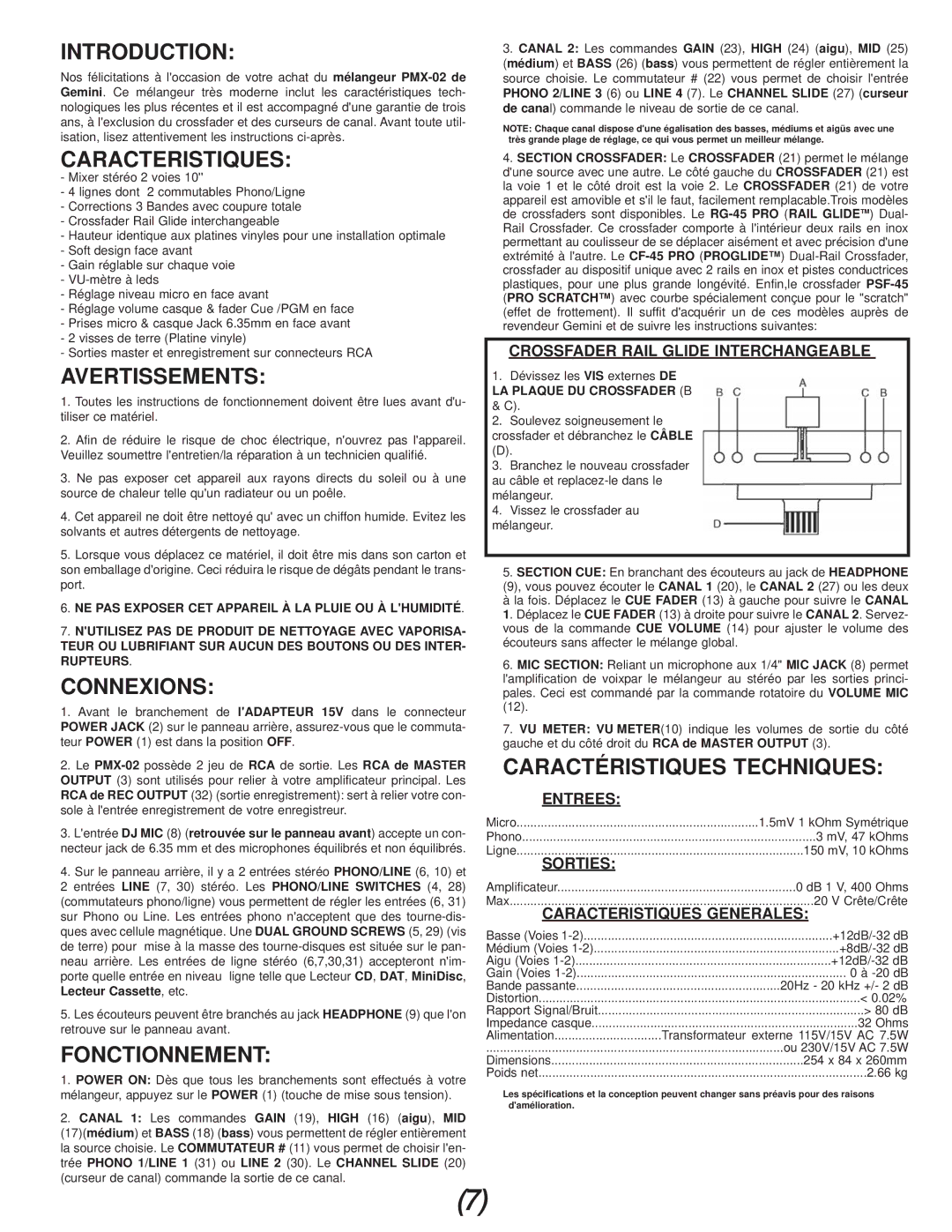 Gemini PMX-02 manual Caracteristiques, Avertissements, Connexions, Fonctionnement, Caractéristiques Techniques 