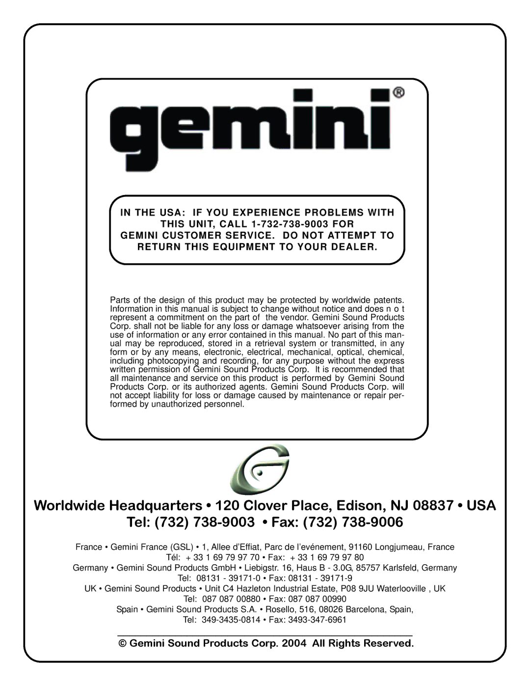 Gemini PMX-02 manual Gemini Sound Products Corp All Rights Reserved 