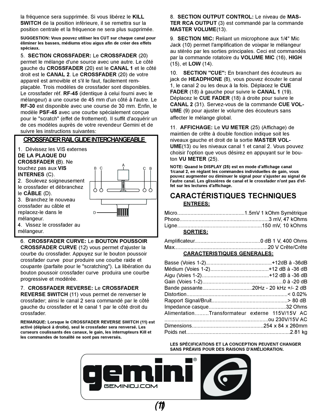 Gemini PMX-03 manual Caractéristiques Techniques, Entrees, Sorties, Caracteristiques Generales 