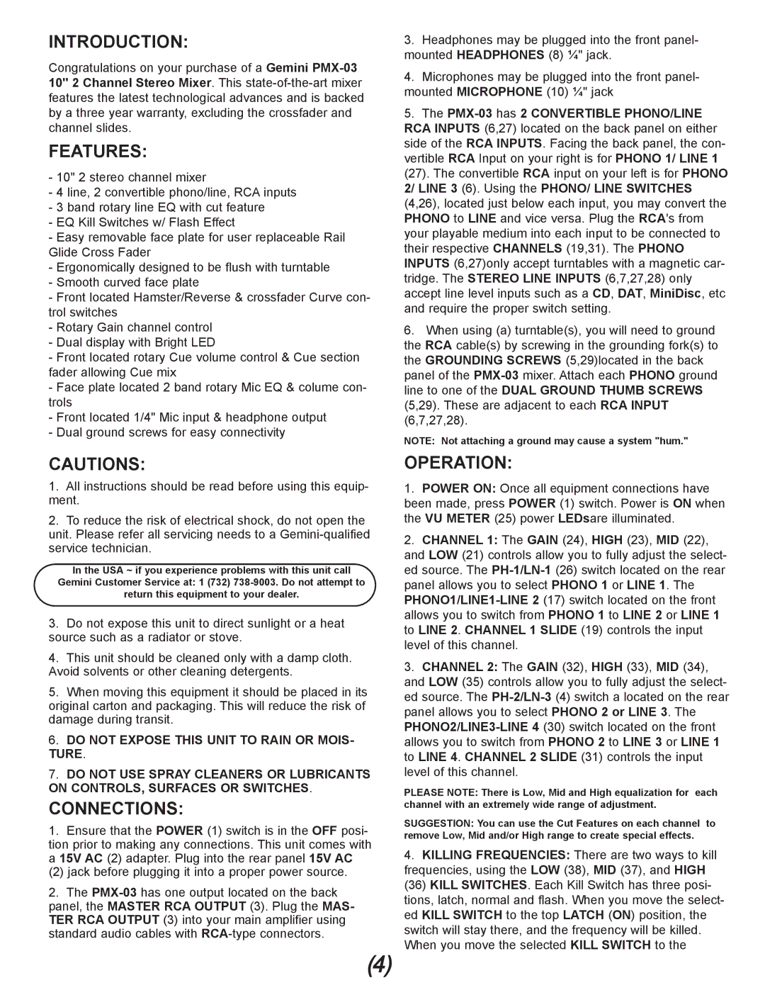 Gemini PMX-03 manual Introduction, Features, Connections, Operation 