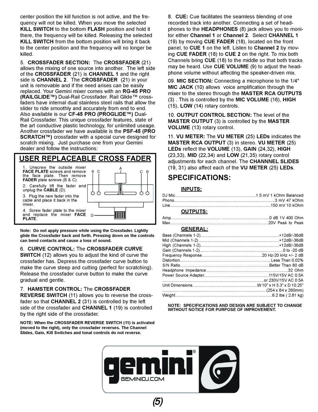 Gemini PMX-03 manual User Replaceable Cross Fader, Specifications, Inputs, Outputs, General 