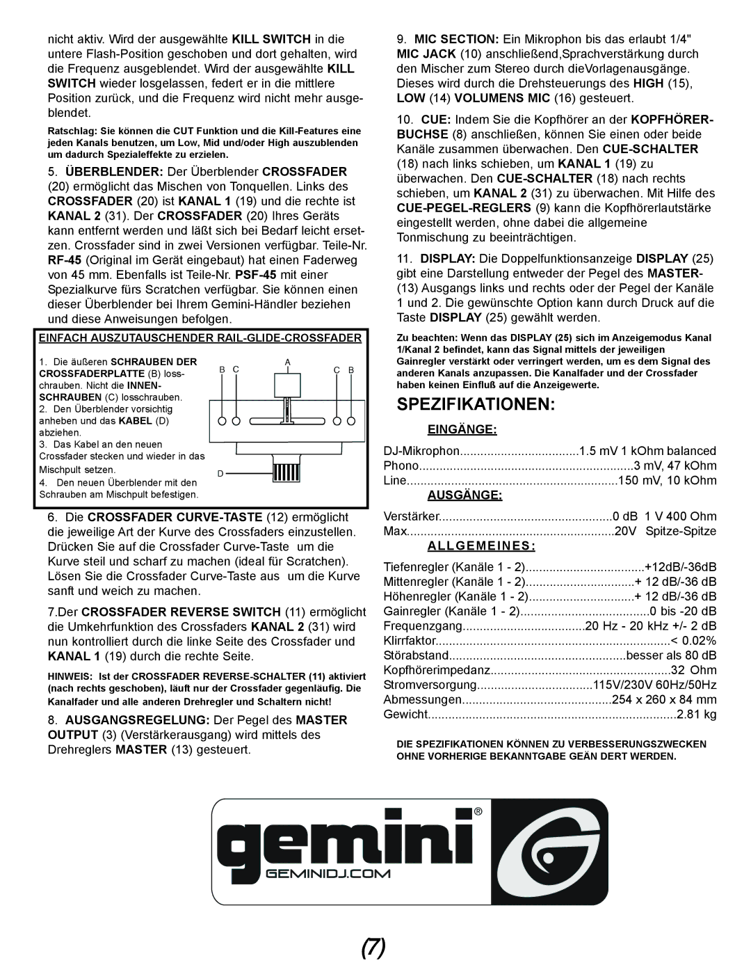 Gemini PMX-03 manual Spezifikationen, Eingänge, Ausgänge, Allgemeines 