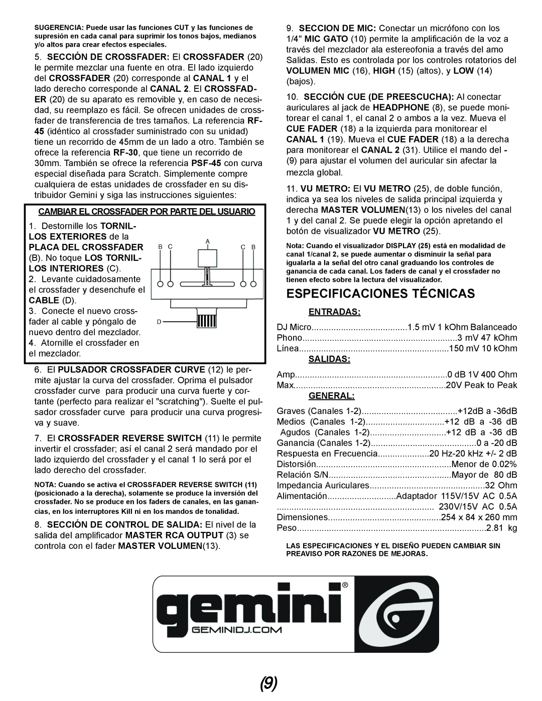 Gemini PMX-03 manual Especificaciones Técnicas 