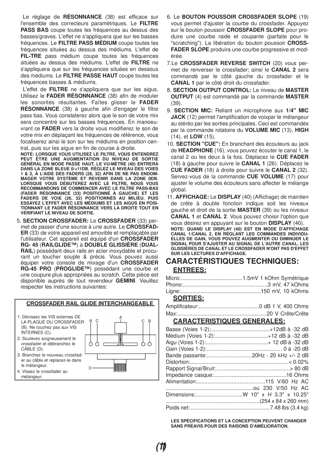 Gemini PMX-04 manual Caractéristiques Techniques, Entrees, Sorties, Caracteristiques Generales 