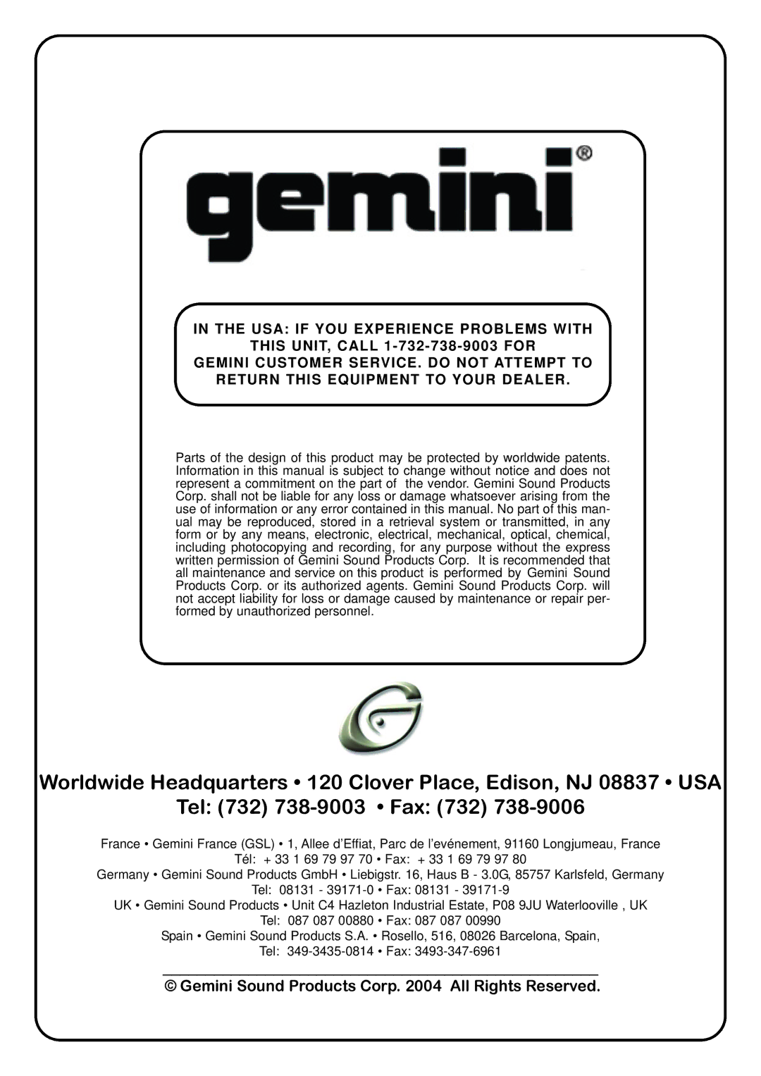 Gemini PMX-04 manual Gemini Sound Products Corp All Rights Reserved 