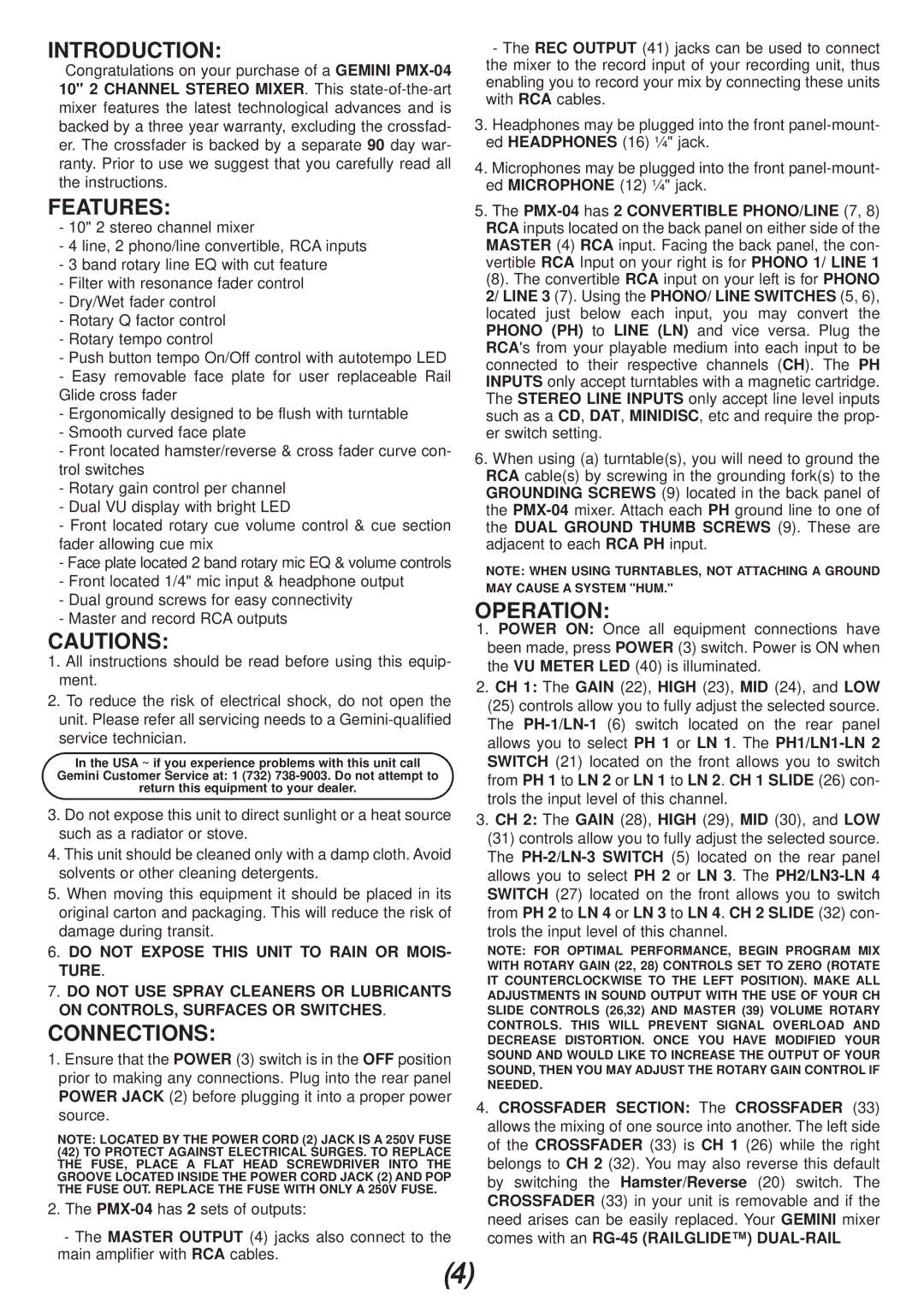 Gemini PMX-04 manual Introduction, Features, Connections, Operation 