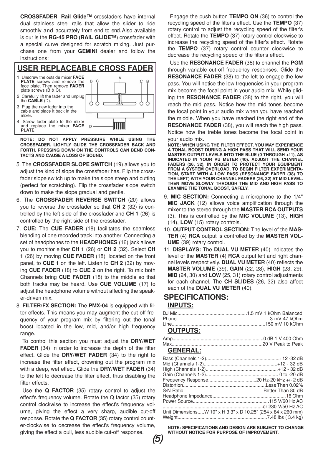 Gemini PMX-04 manual User Replaceable Cross Fader, Specifications, Inputs, Outputs, General 