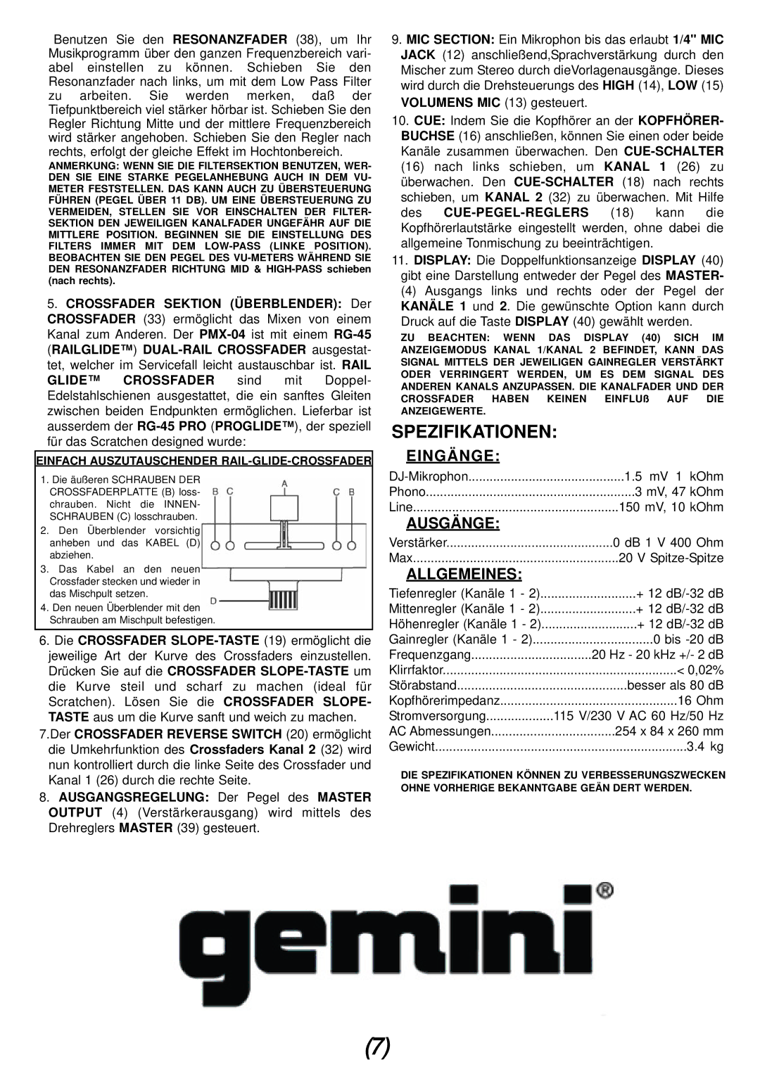 Gemini PMX-04 manual Spezifikationen, Eingänge, Ausgänge, Allgemeines 