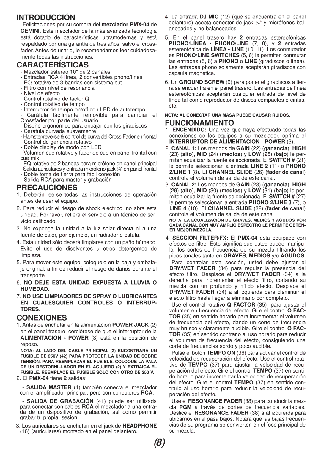 Gemini PMX-04 manual Introducción, Características, Precauciones, Conexiones, Funcionamiento 