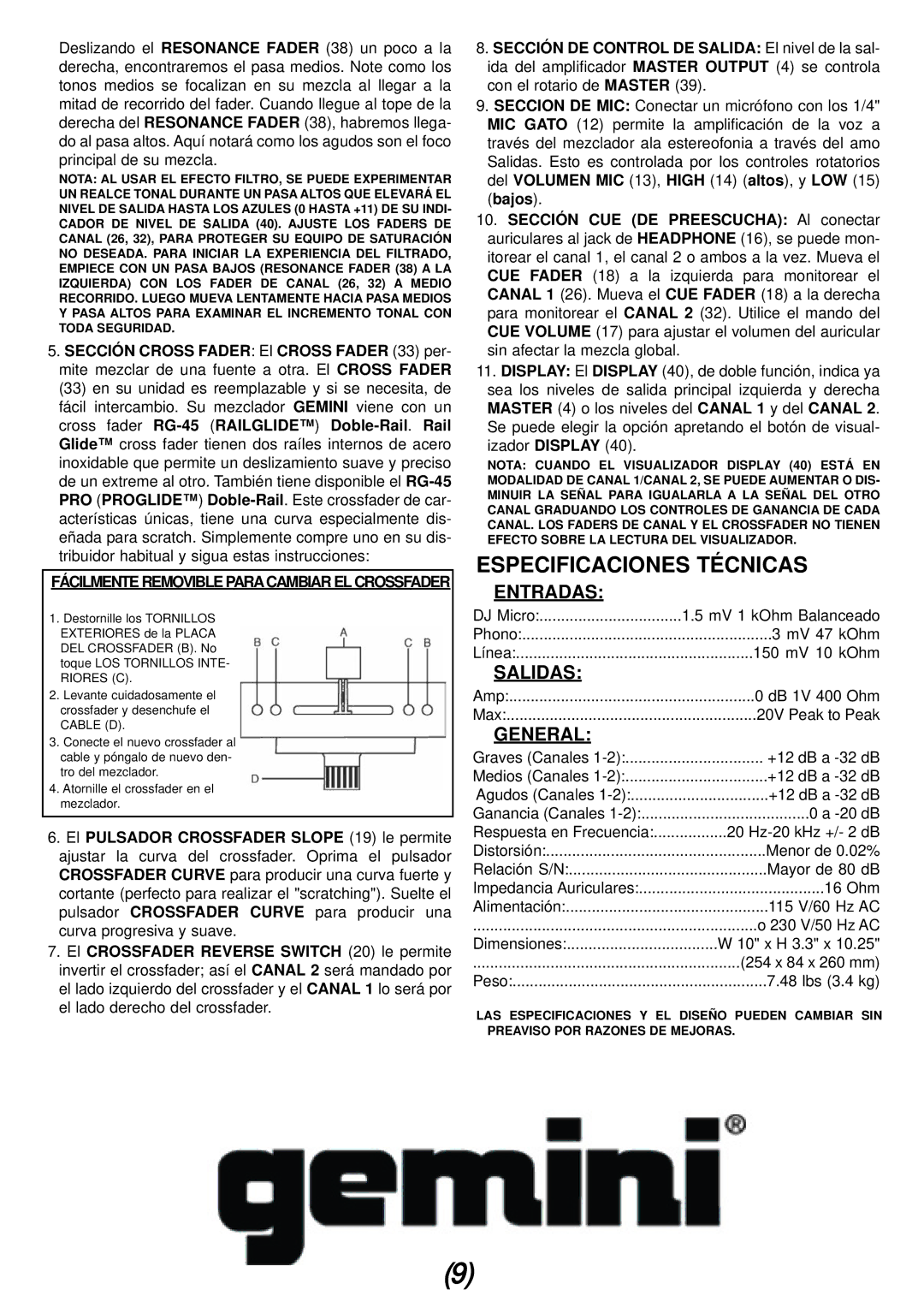 Gemini PMX-04 manual Especificaciones Técnicas, Entradas, Salidas 