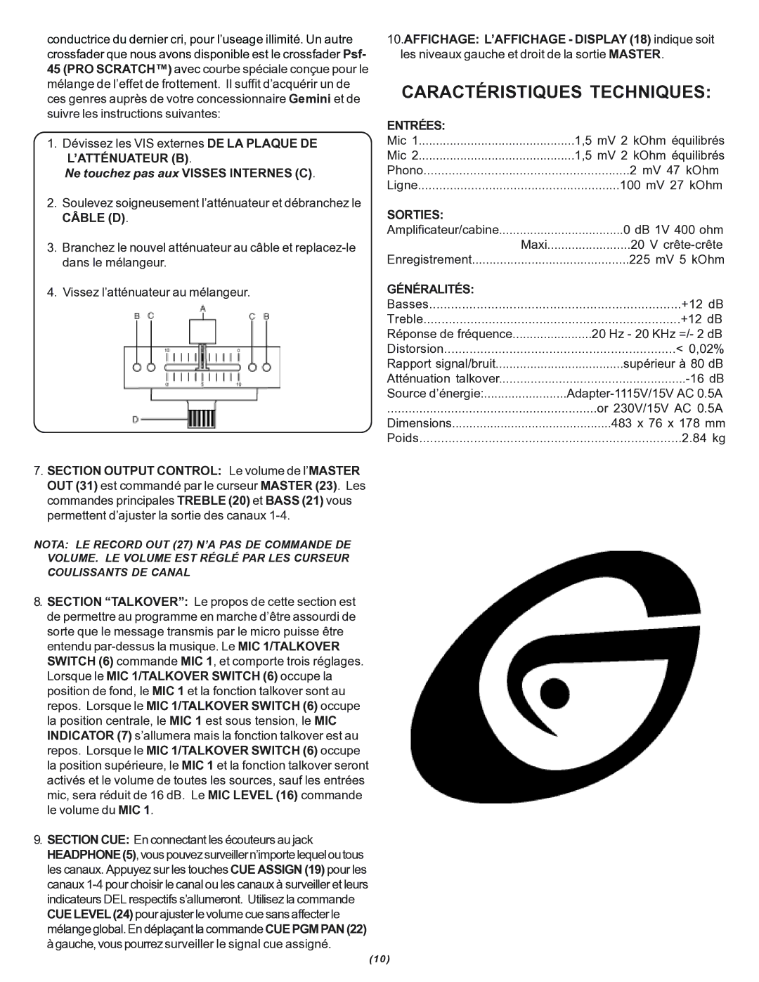 Gemini PMX-1100 manual Caractéristiques Techniques, Entrées, Sorties, Généralités 