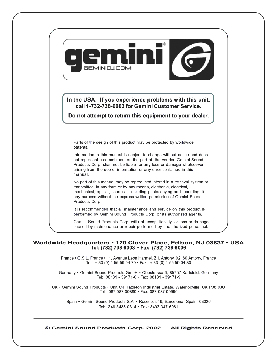 Gemini PMX-1100 manual Do not attempt to return this equipment to your dealer 