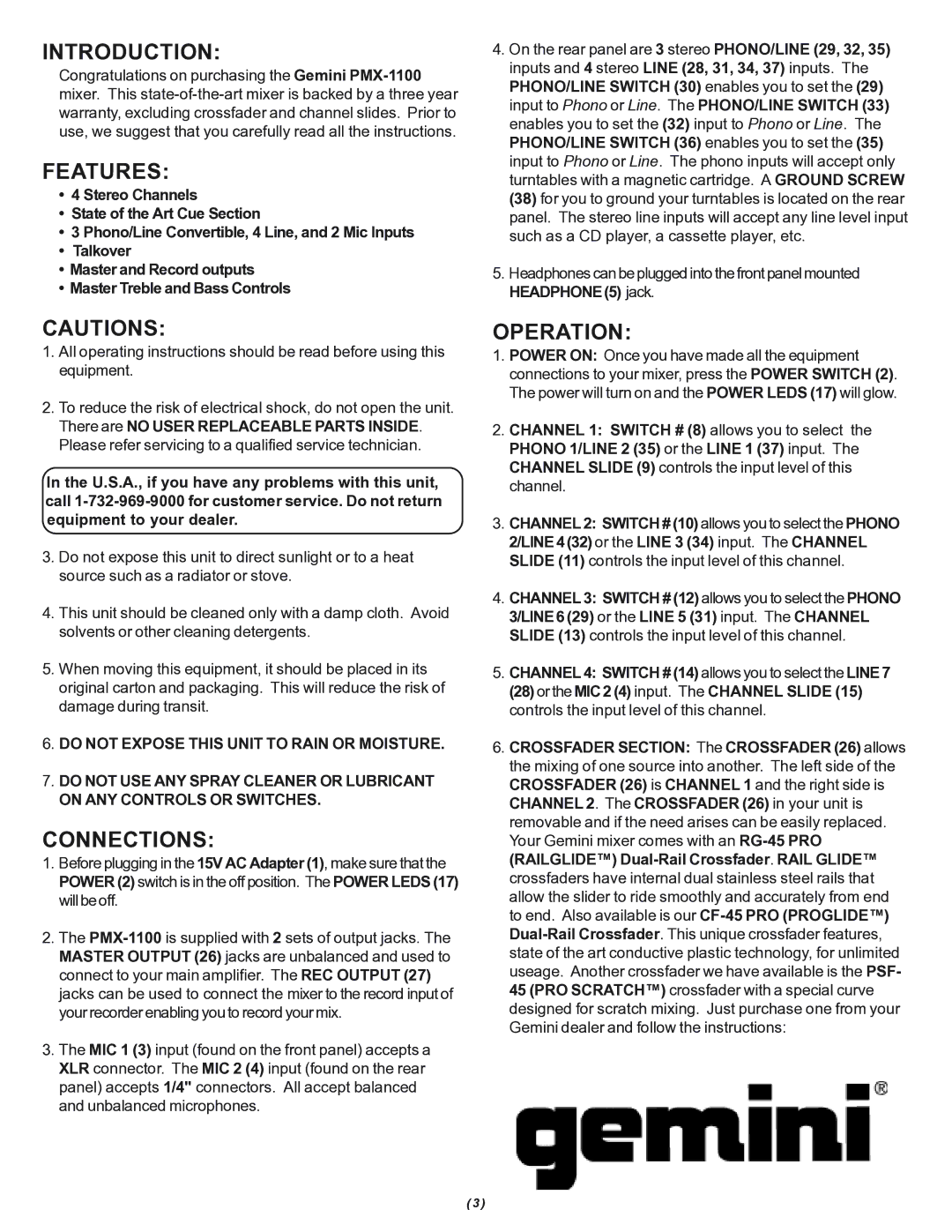 Gemini PMX-1100 manual Introduction, Features, Connections, Operation 